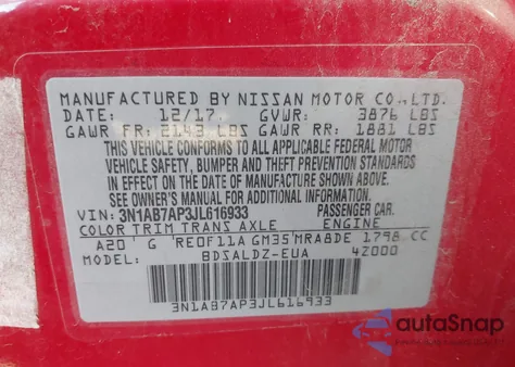 2018 Nissan Sentra Sv from USA, damaged, VIN 3N1AB7AP3JL616933
